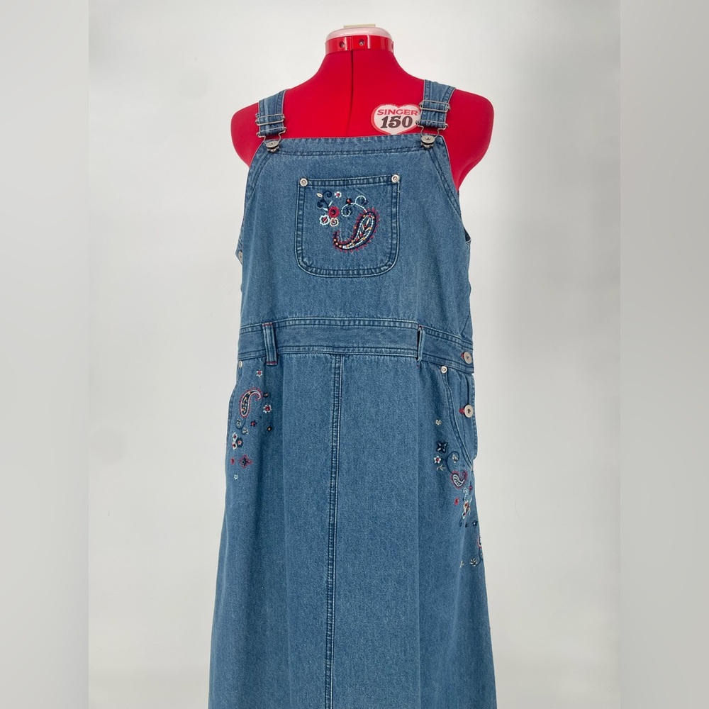 80s / 90s Teddi 100% Cotton Denim Maxi Embroidered Paisley Overall Dress Jumper